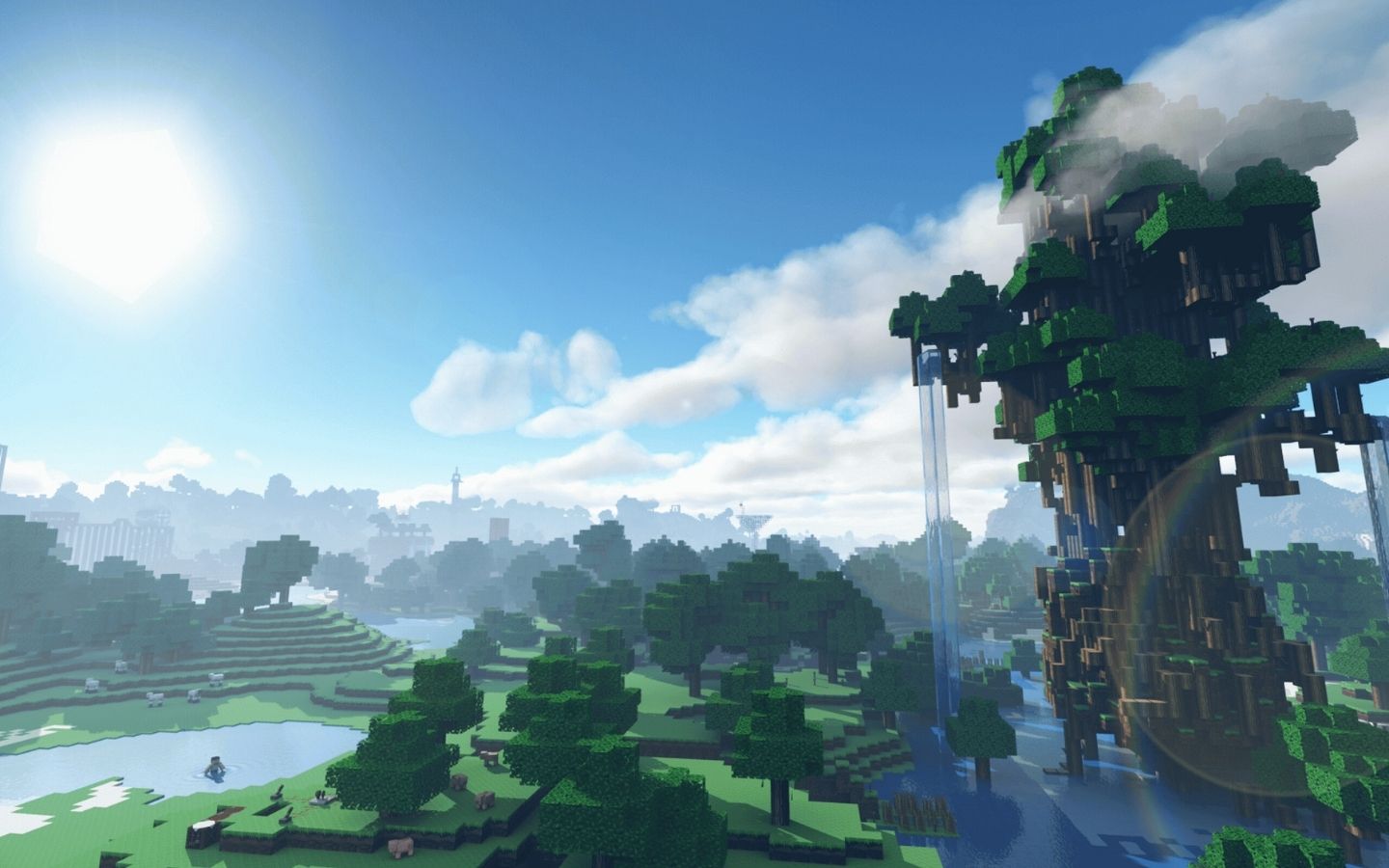 Cây cổ thụ vĩ đại giữa khung cảnh Minecraft xanh tươi