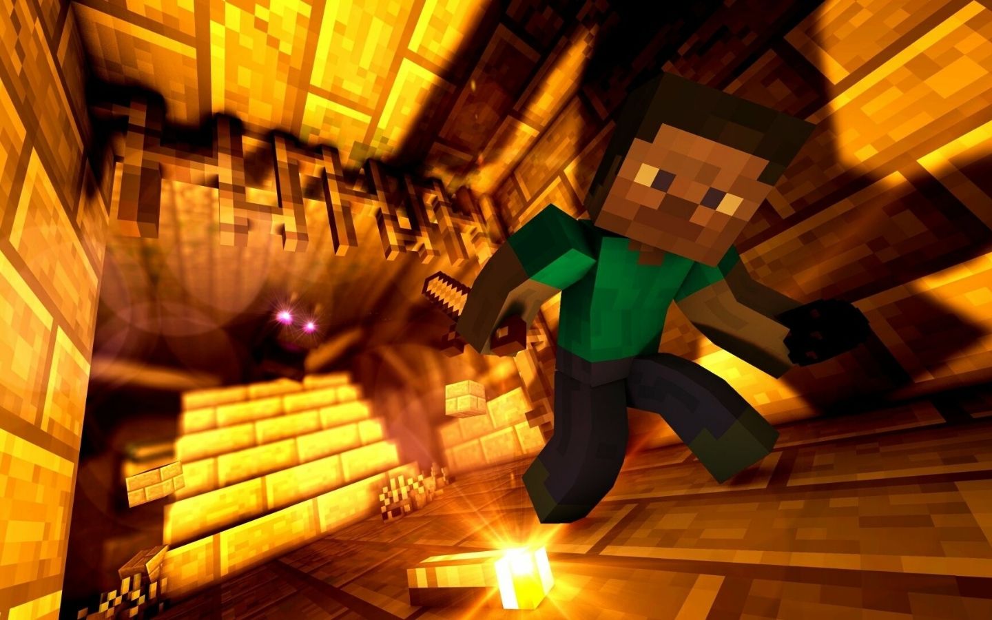 Steve trong hang động vàng rực rỡ, ánh sáng huyền ảo