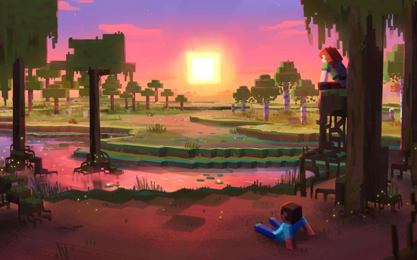 Hoàng hôn tuyệt đẹp trên vùng đầm lầy Minecraft yên bình