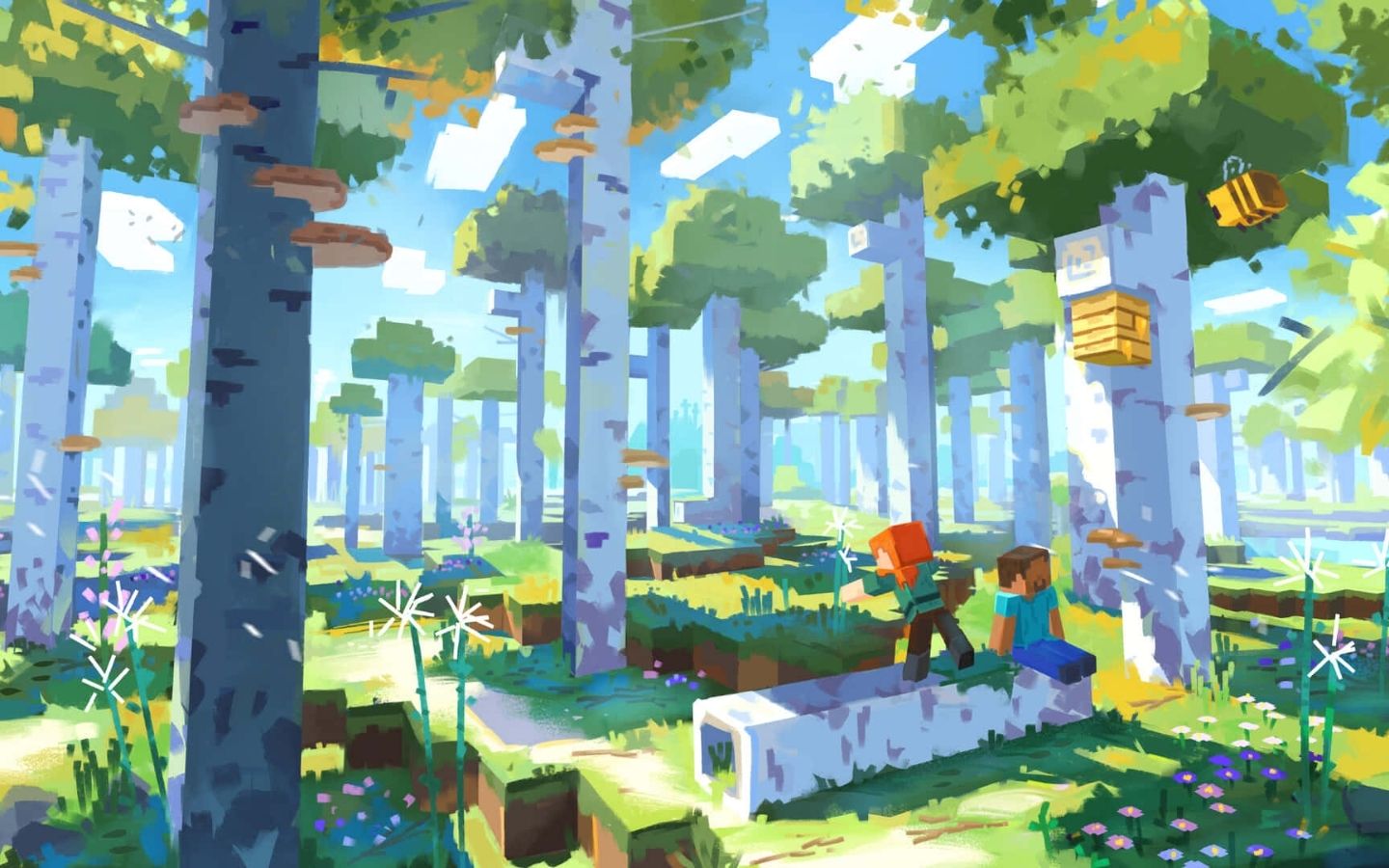 Bạn bè khám phá rừng bạch dương Minecraft tươi sáng