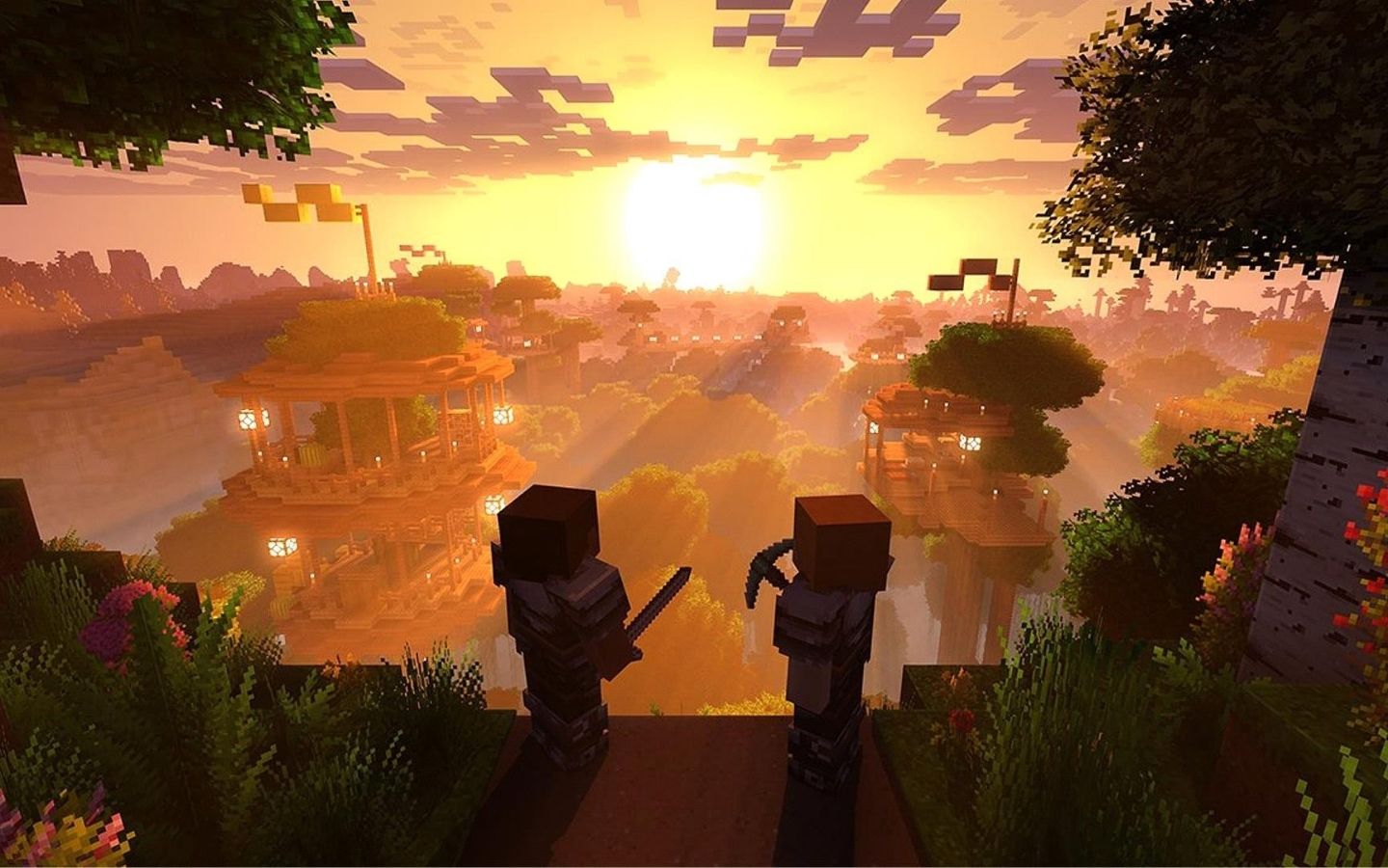 Bình minh vàng rực rỡ, cảnh quan Minecraft yên bình