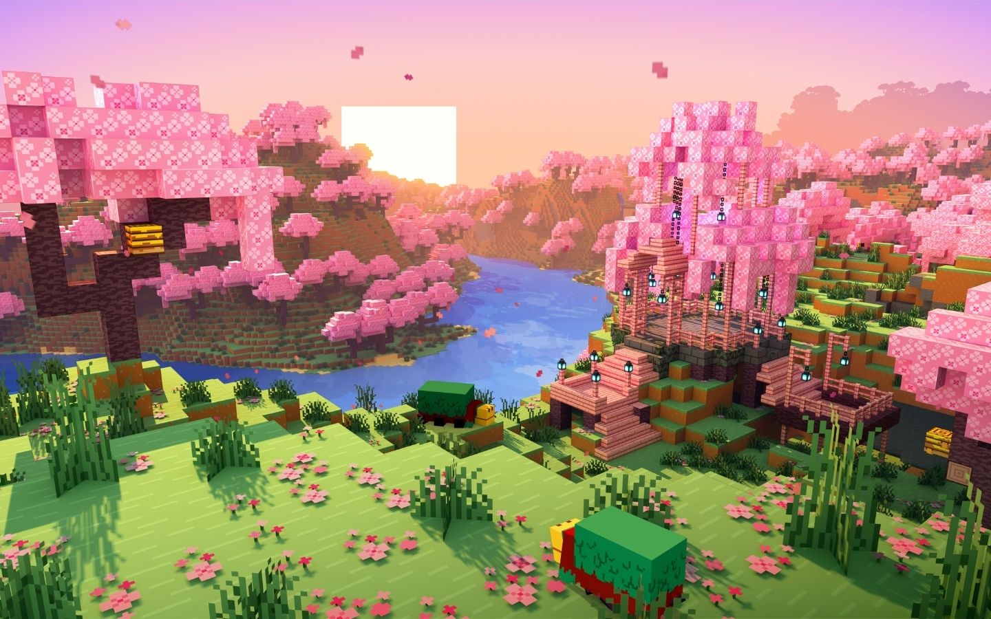 Phong cảnh Minecraft mùa xuân với hoa anh đào hồng