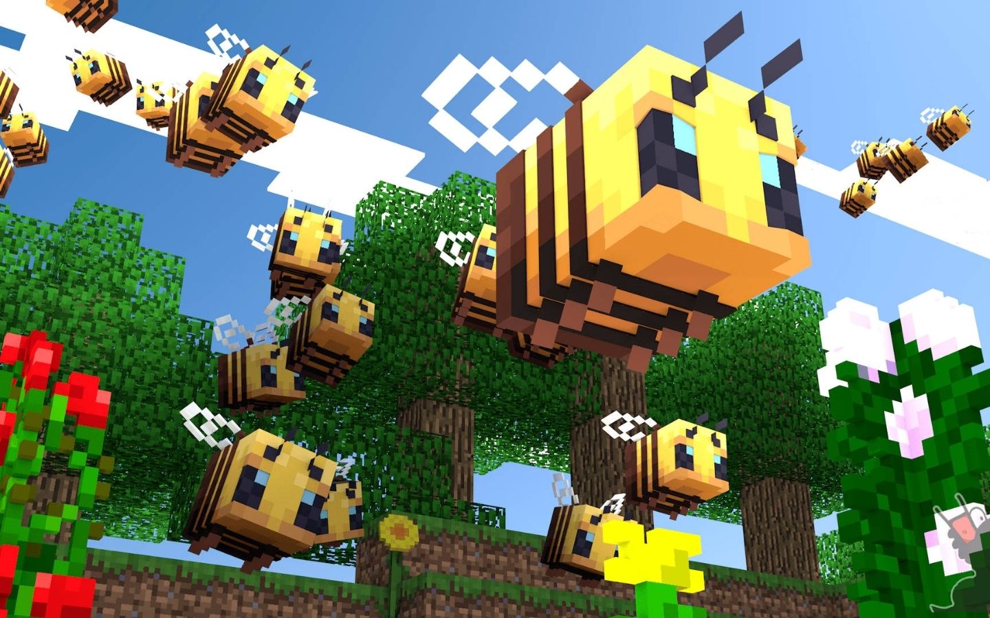 Đàn ong Minecraft bay lượn trên đồng hoa