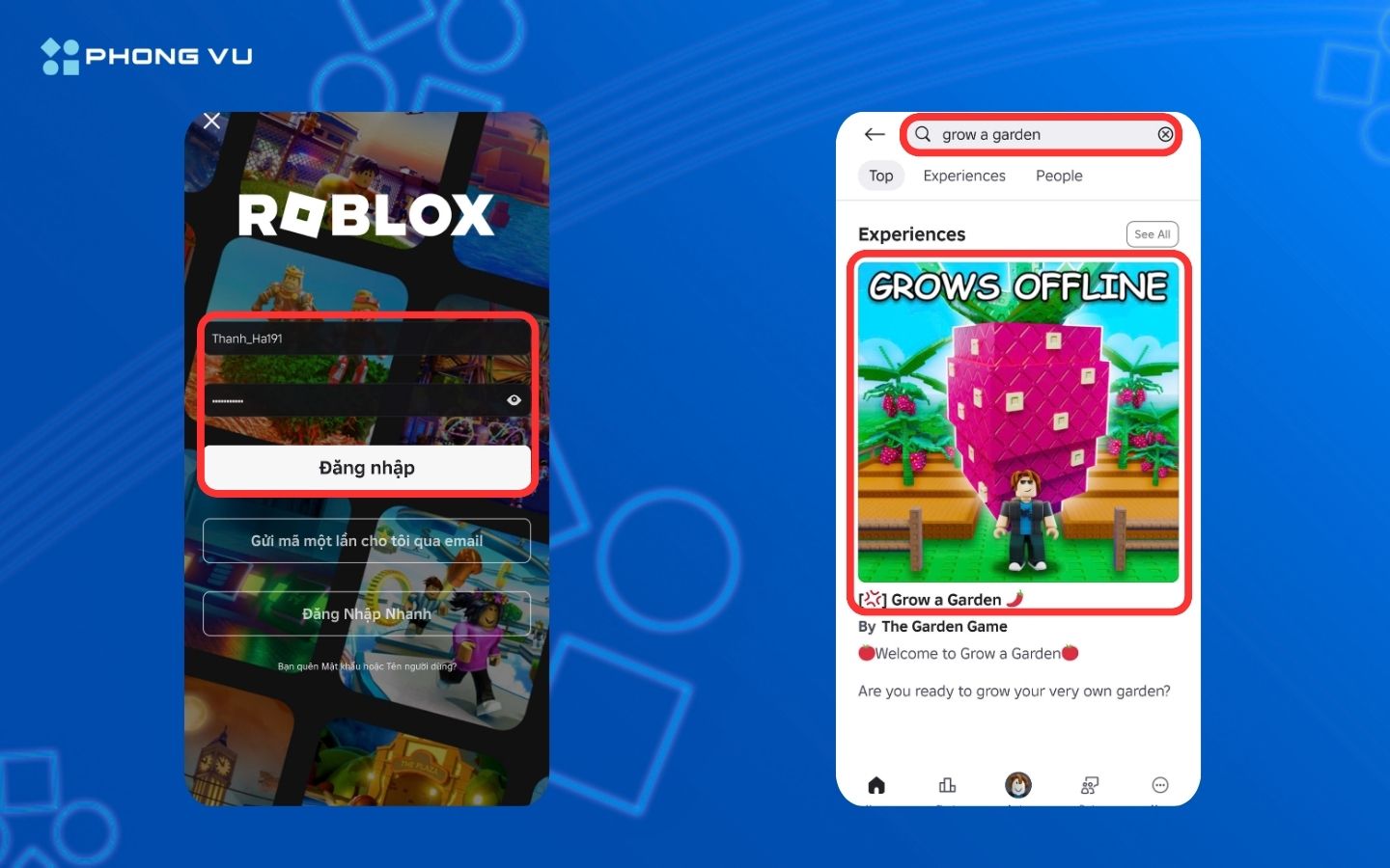 Mở ứng dụng Roblox, tìm kiếm "Grow a Garden" để bắt đầu chơi