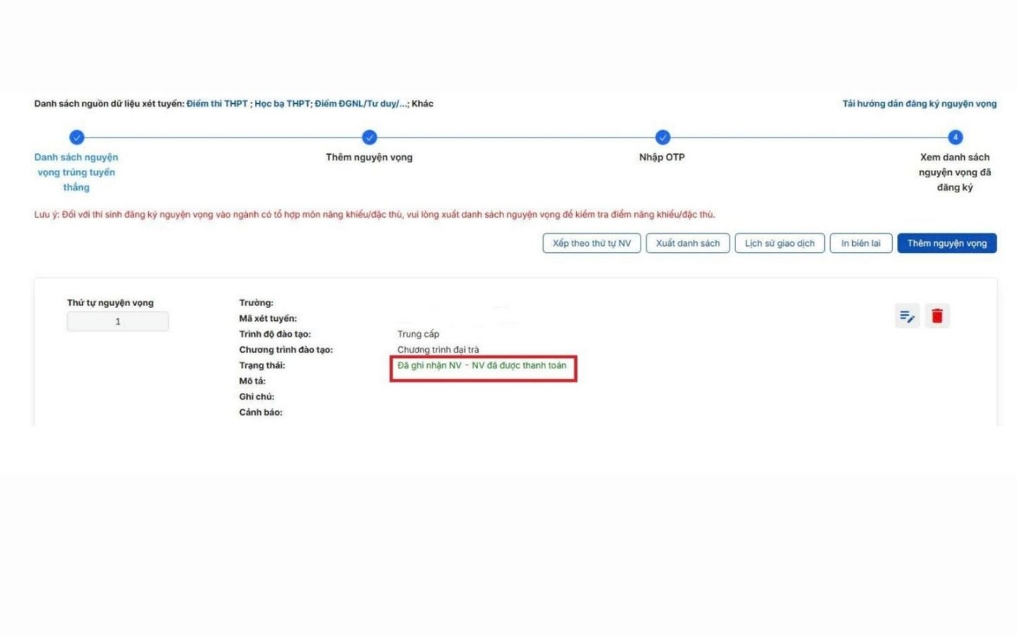 Nếu màn hình hiển thị Đã ghi nhận NV – NV đã được thanh toán là quá trình nộp lệ phí đã hoàn tất