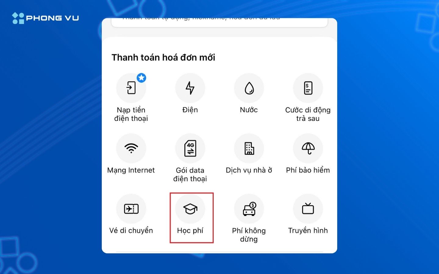 Chọn mục Học phí