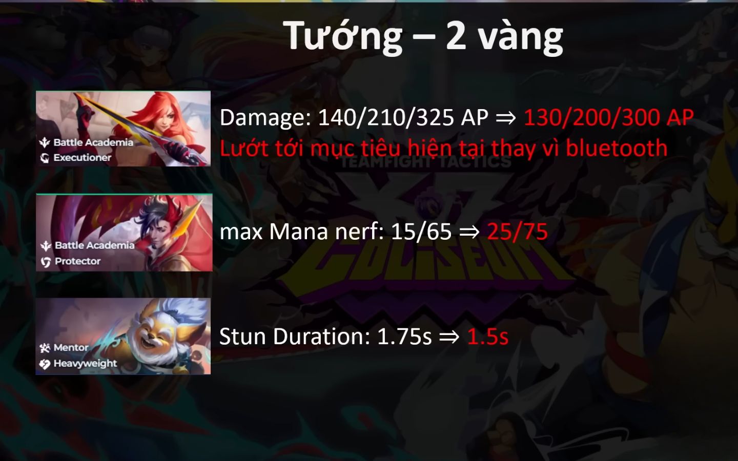 Cập nhật thay đổi của các vị tướng 2 vàng