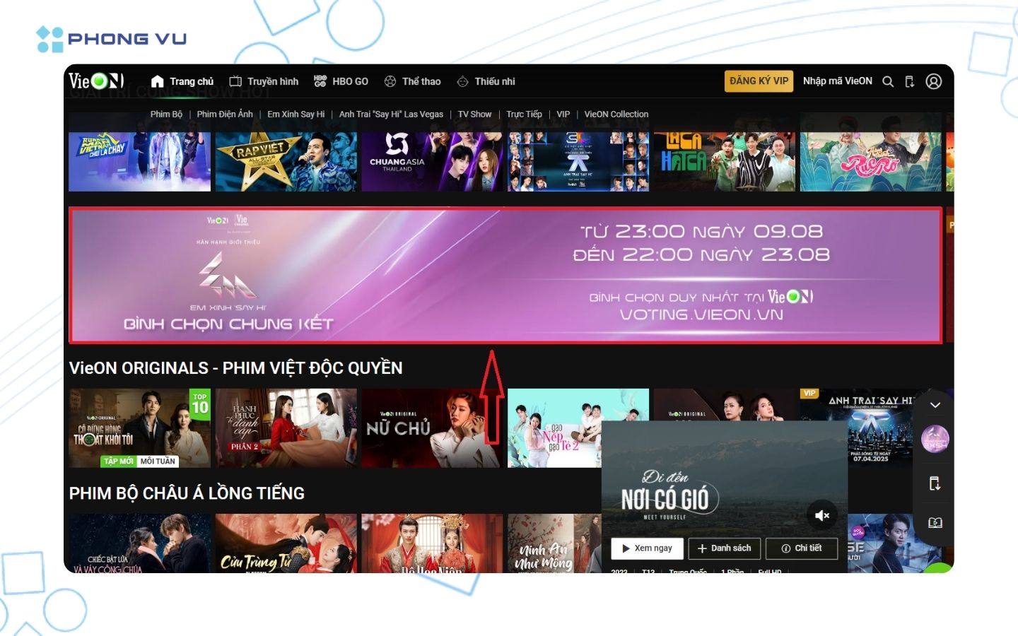 Truy cập website VieON và chọn vào chương trình Em Xinh Say Hi