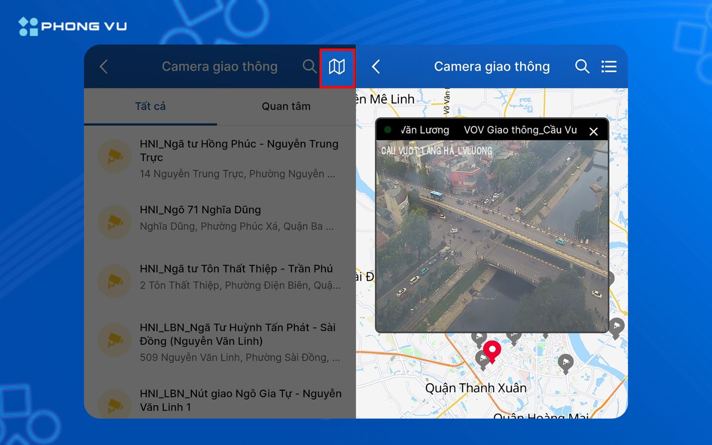 Chọn tuyến đường có camera hoặc nhấn biểu tượng bản đồ góc phải để xem thêm các điểm khác