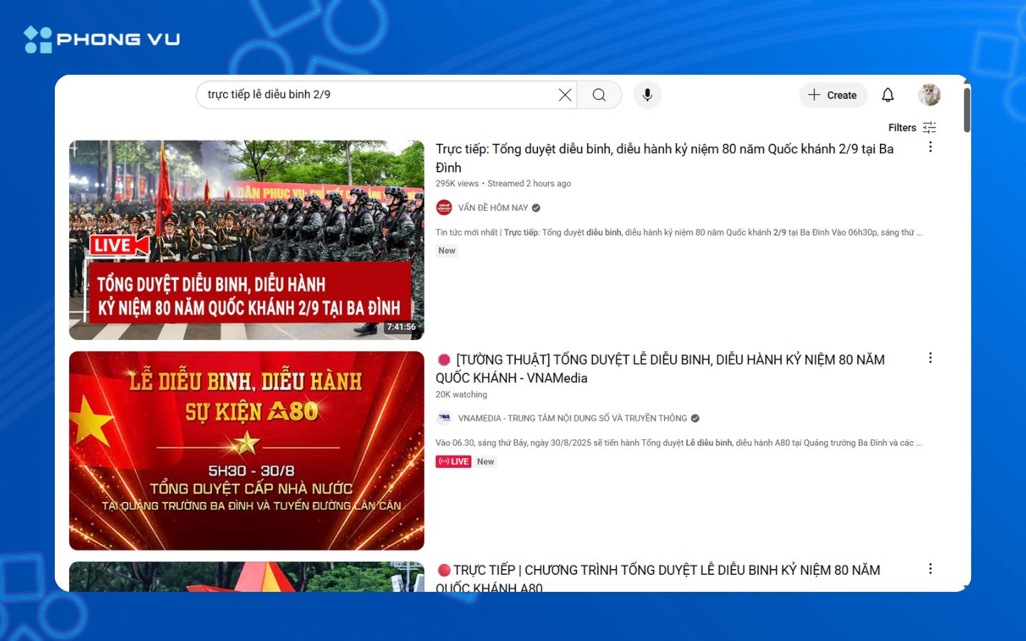 Truy cập YouTube và tìm “trực tiếp lễ diễu binh 2/9”