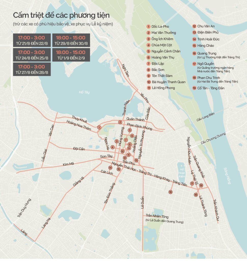 Các tuyến đường bị cấm ngày 27/8 và 28/8 tại Hà Nội