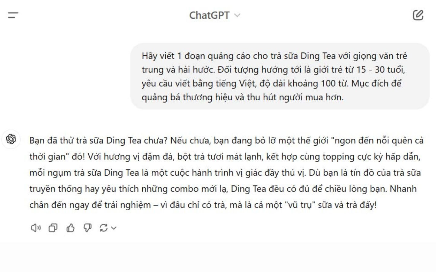 Ví dụ về câu lệnh ChatGPT chuẩn