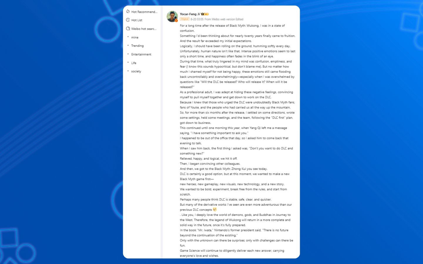 Hậu bản Black Myth: Zhong Kui được công bố tại Gamescom 2025 2 Tâm thư của Feng Ji gửi đến cộng đồng hâm mộ Black Myth
