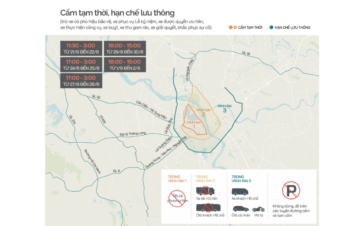 Lịch cấm đường ngày 1/9 và 2/9 tại Hà Nội. Các tuyến đường bị cấm lưu thông 1 Các phương tiện được và không được phép lưu thông