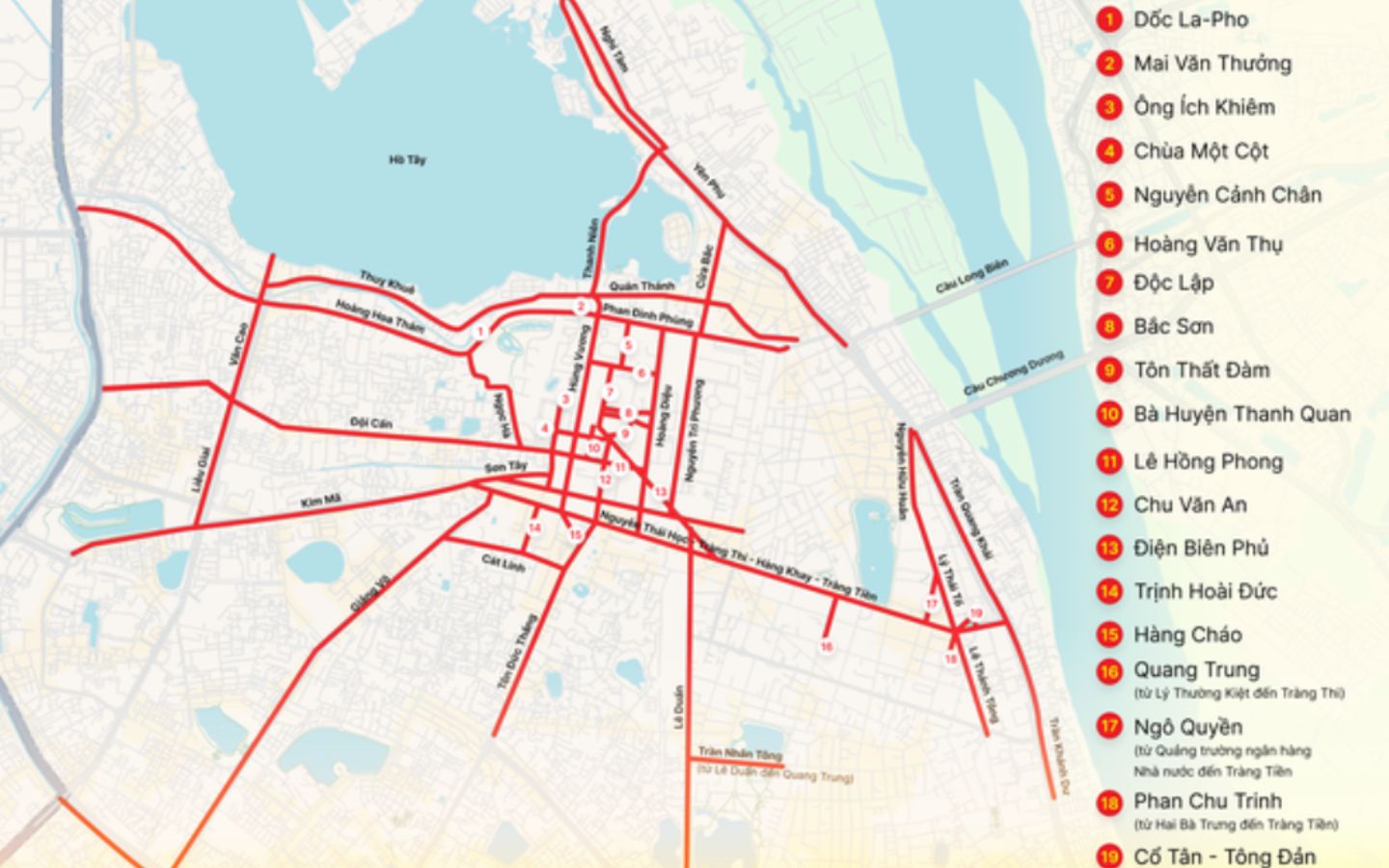 Các tuyến đường tổ chức cấm triệt tất cả các phương tiện (trừ các xe có phù hiệu bảo vệ, xe phục vụ lễ kỷ niệm)