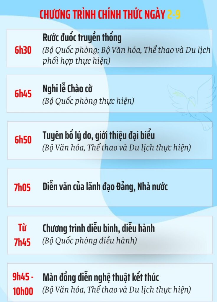 Lịch trình chi tiết ngày 2/9/2025