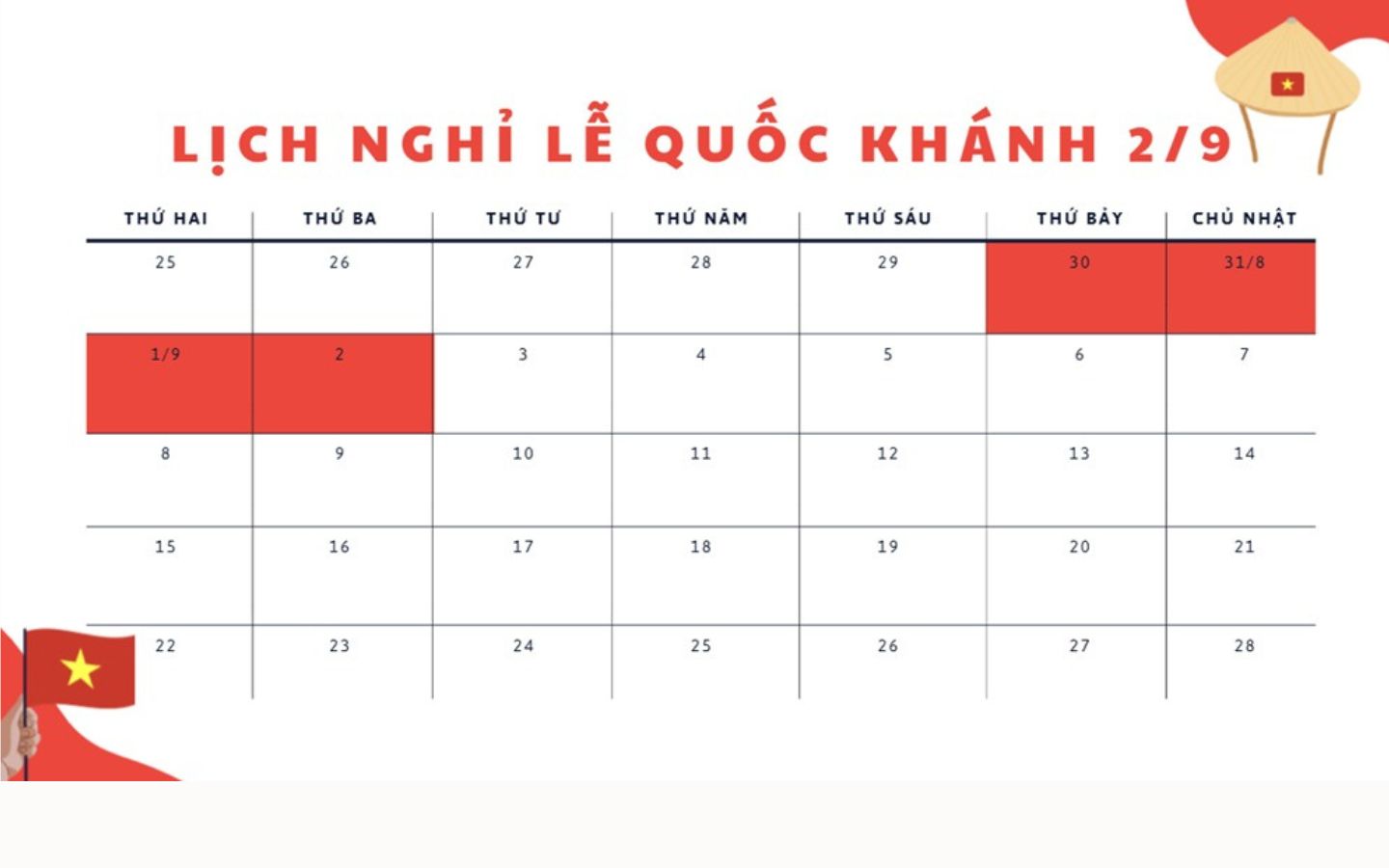 Lịch nghỉ lễ Quốc khánh 2/9 sẽ kéo dài 4 ngày liên tiếp 