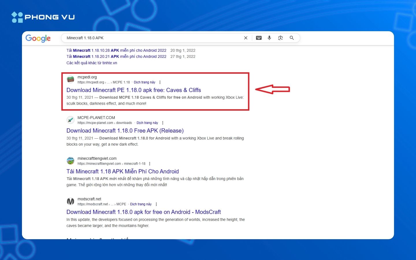 Chọn phiên bản Minecraft 1.18.0 bạn muốn tải xuống