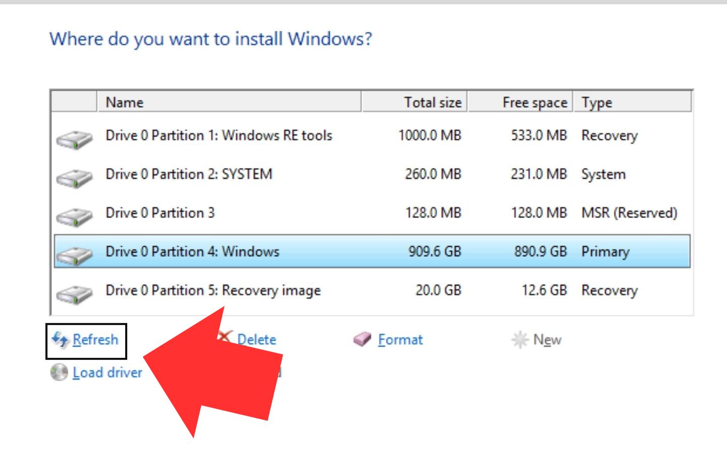 Click chuột vào Refresh để cập nhật lại danh sách ổ đĩa và phân vùng trống. (Nguồn: Internet)