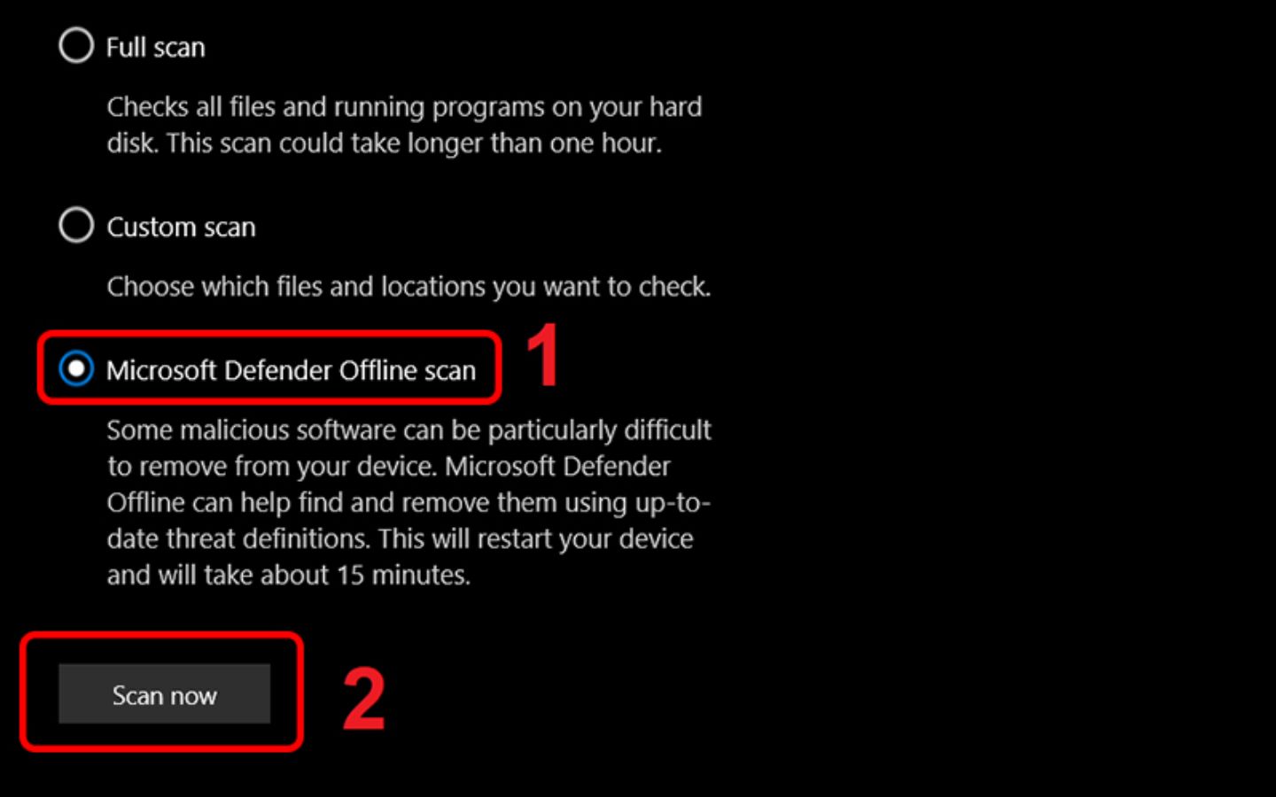 5 cách tối ưu laptop mới mua để dùng lâu bền hơn 8 Giao diện Microsoft Defender Offline Scan -> Scan (Nguồn: Internet)