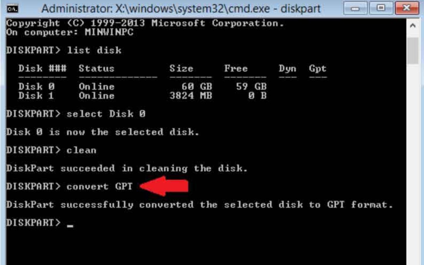 Cuối cùng bạn gõ convert GPT và ấn Enter để chuyển ổ cứng đó sang định dạng GPT. (Nguồn: Internet)