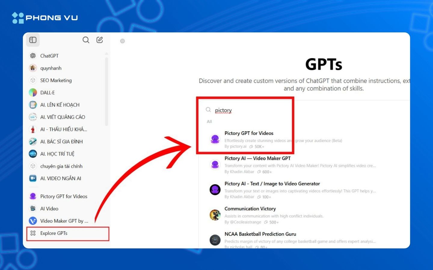 Nhập từ khóa Pictory vào thanh tìm kiếm