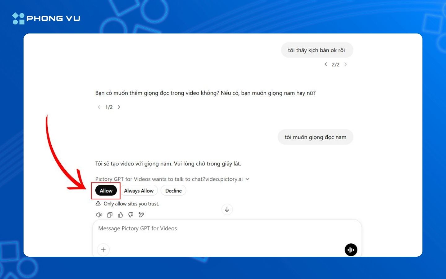 Nhấp chọn Allow để cho phép kết nối giữa ChatGPT và Pictory