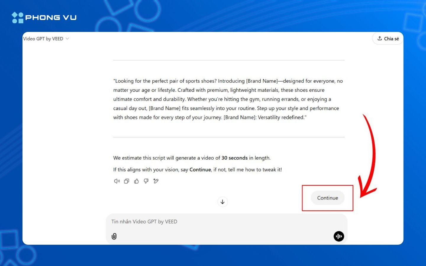 Đọc kịch bản sau đó chọn Continue