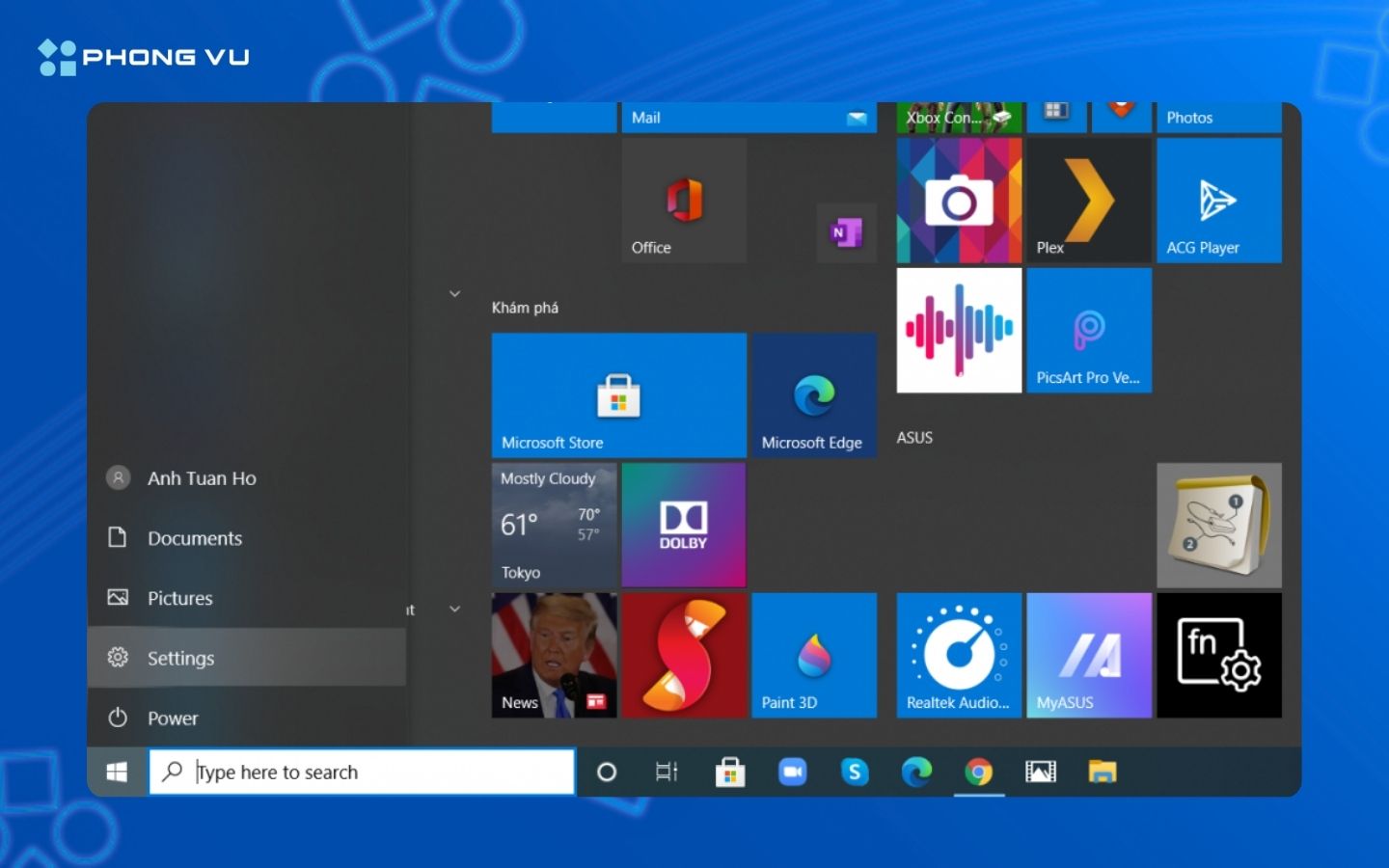 Nhấn phím Windows và chọn Settings để chỉnh độ sáng màn hình Win 10