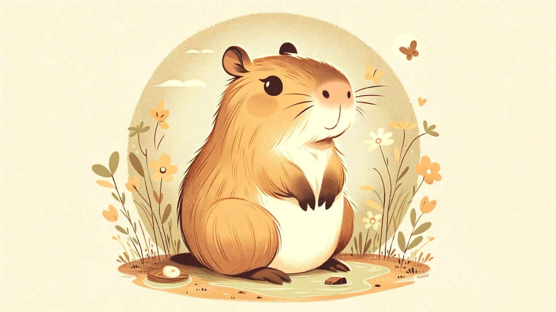 Chú capybara được vẽ dưới dạng hoạt hình, với đôi mắt to tròn, đang đứng giữa một vòng tròn hoa