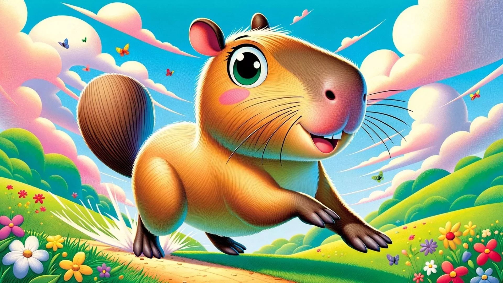 Chú capybara hoạt hình đang chạy nhảy trên bãi cỏ, phía sau là một chú bướm đầy màu sắc, trông thật đáng yêu và vui vẻ