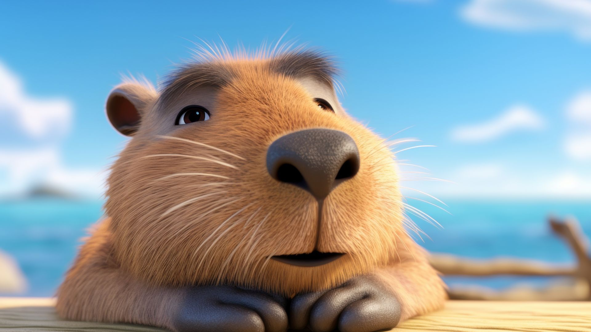 Chú capybara đang nhìn thẳng vào ống kính, khuôn mặt tròn xoe và đôi mắt to tròn, tạo nên một hình ảnh đầy thân thiện