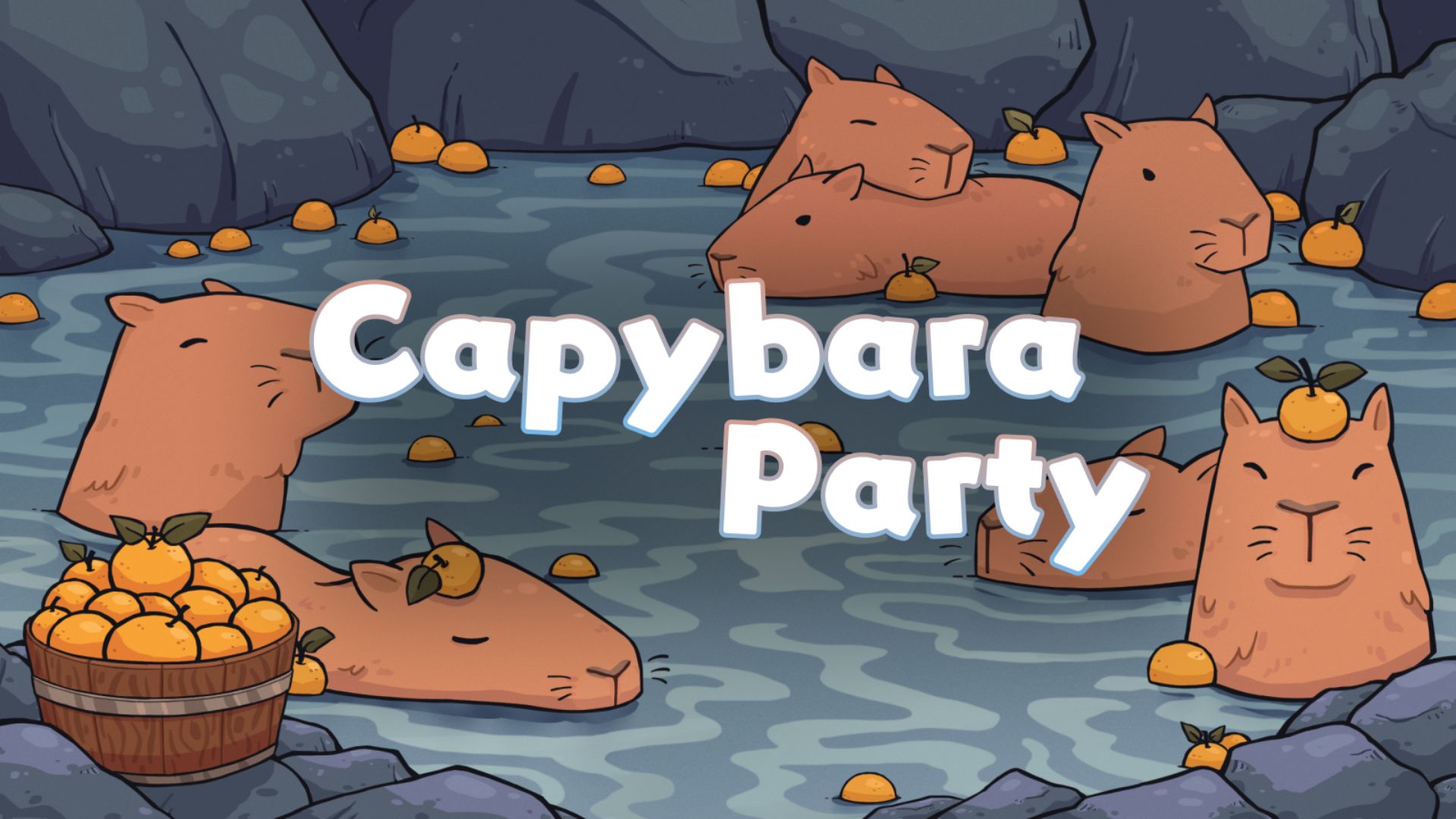 Một hình ảnh hoạt hình với dòng chữ "Capybara Party" nổi bật