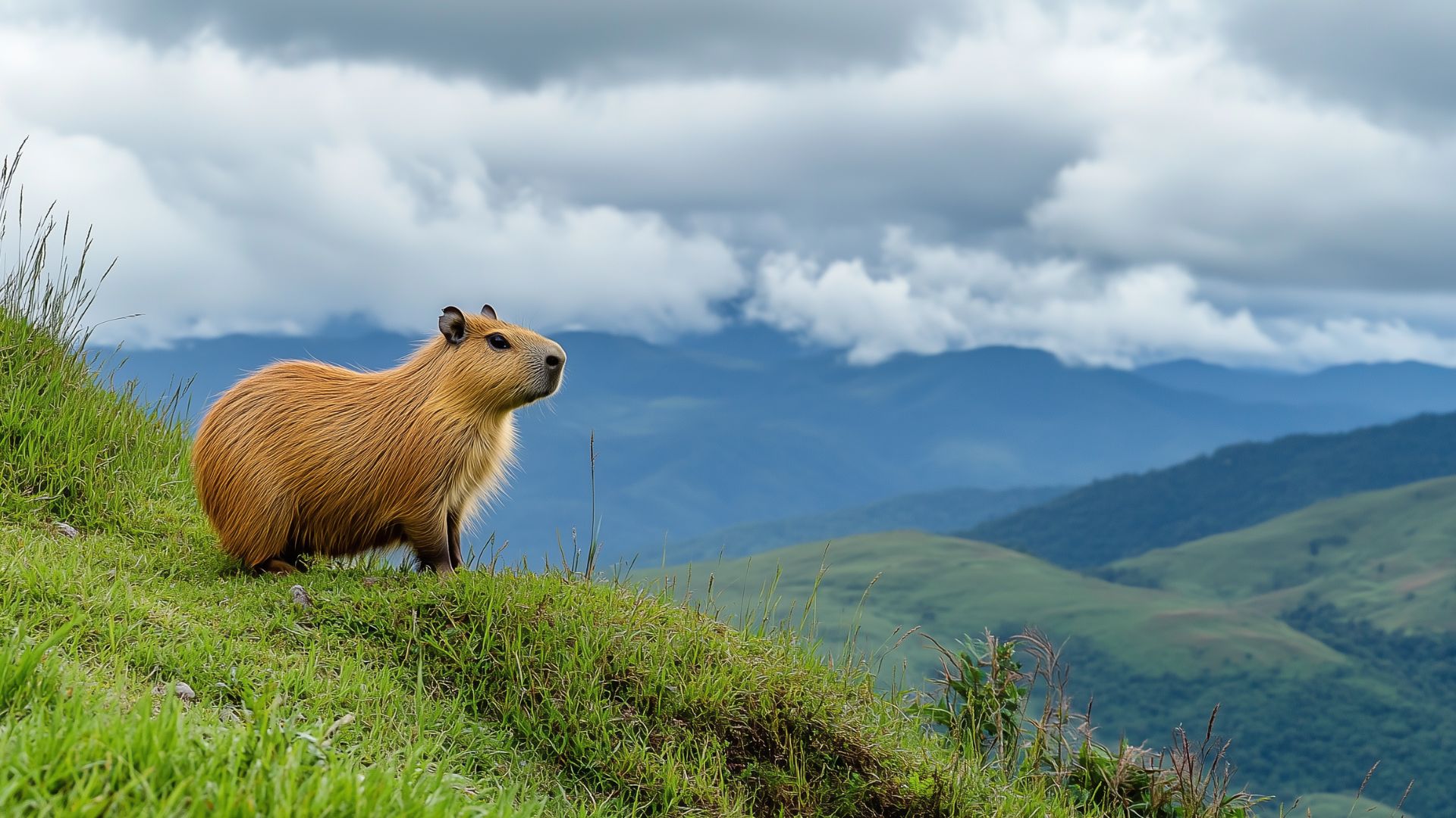 Chú capybara đang đứng trên một ngọn đồi xanh, với phong cảnh núi non trùng điệp phía sau