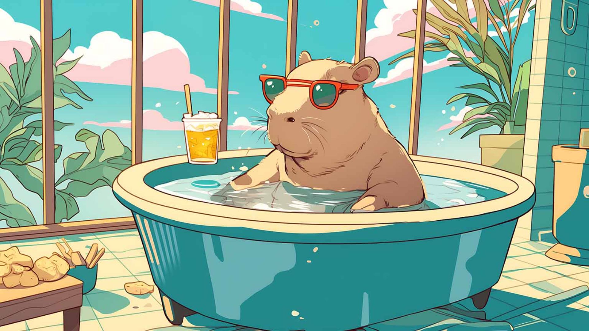 Chú capybara hoạt hình đeo kính râm và đội mũ, đang ngâm mình trong bồn tắm