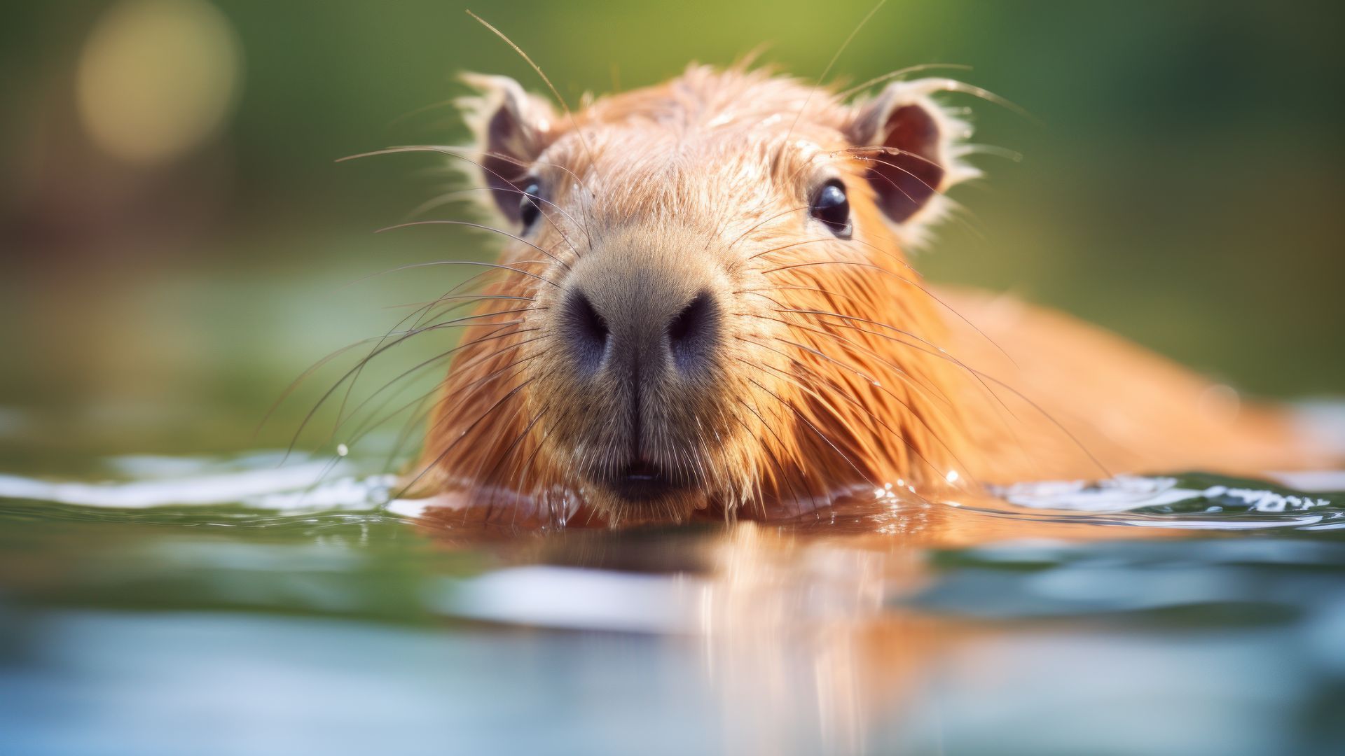 Chú capybara đang ngâm mình trong hồ nước, với đôi mắt tròn xoe và chiếc mũi đáng yêu