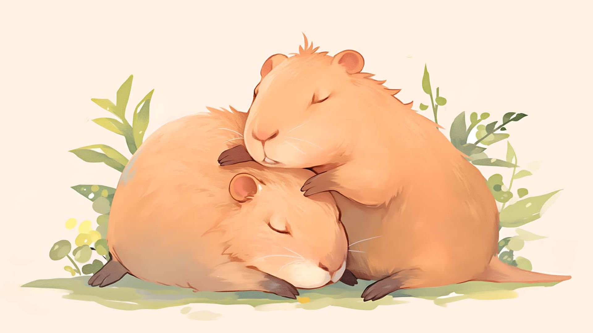 Cặp đôi capybara ôm nhau ngủ say sưa, tạo nên một khung cảnh ấm áp 