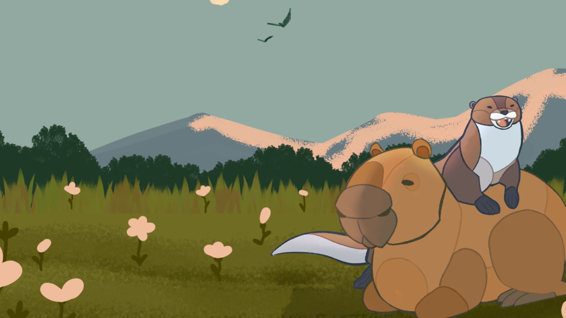 Gia đình capybara ung dung nằm nghỉ ngơi trên đồng cỏ xanh