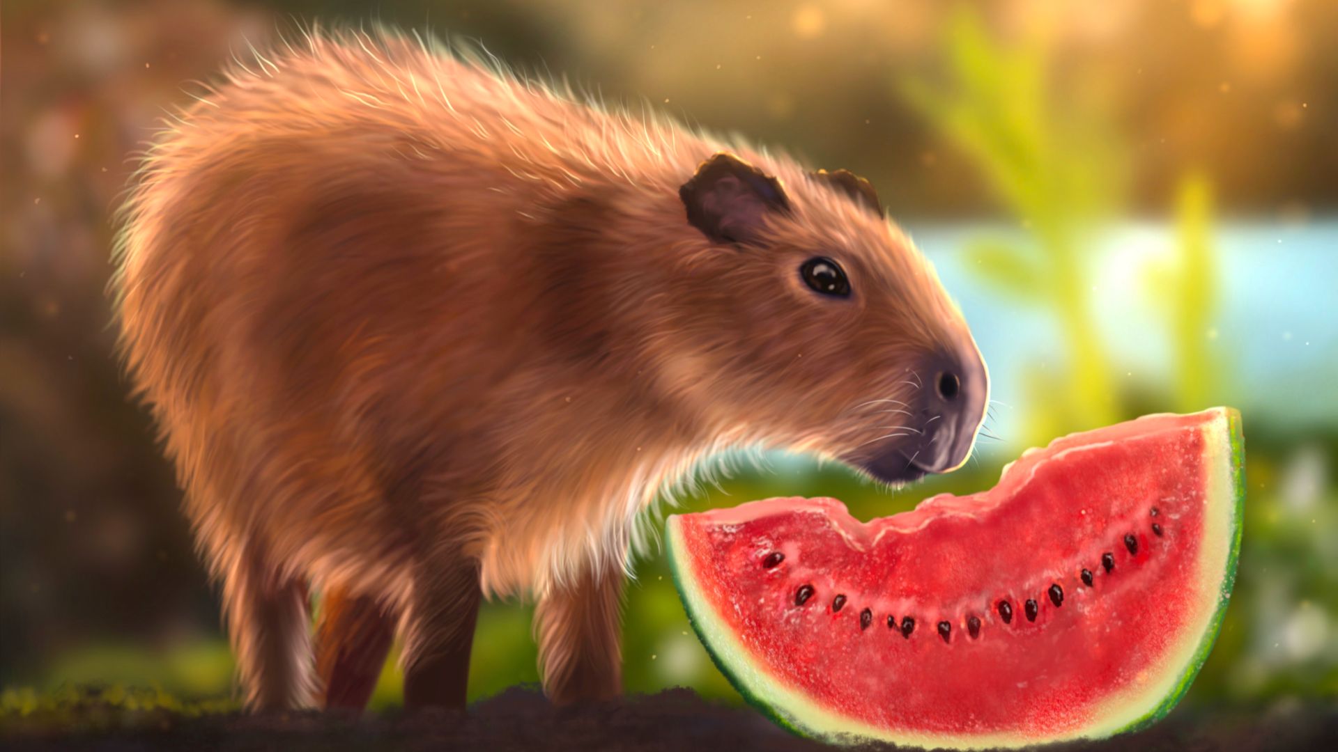 Khoảnh khắc dễ thương khi capybara thưởng thức miếng dưa hấu đỏ mọng