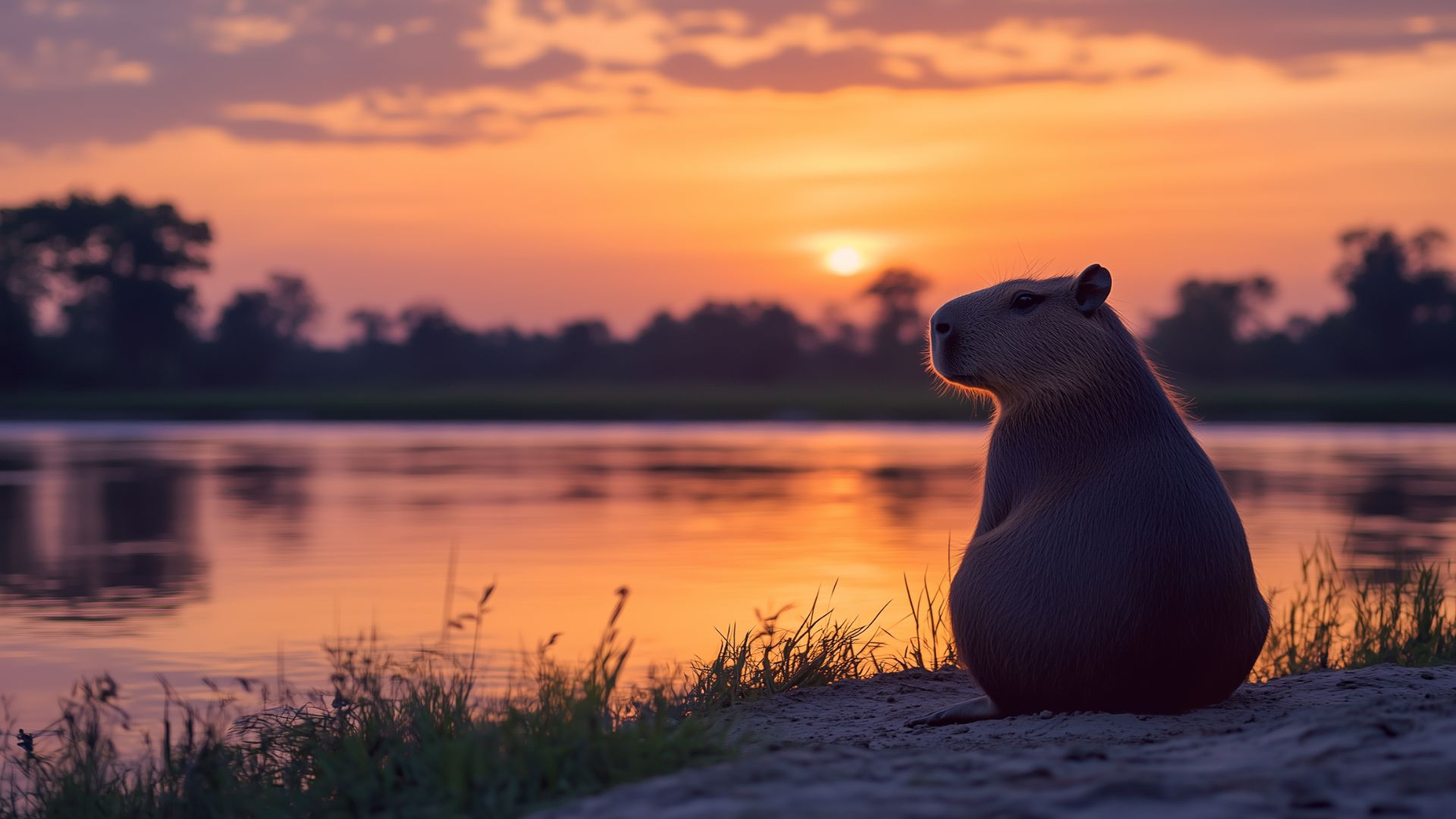 Chú capybara lặng lẽ ngồi bên hồ, ngắm nhìn mặt trời lặn, khung cảnh đầy chất thơ