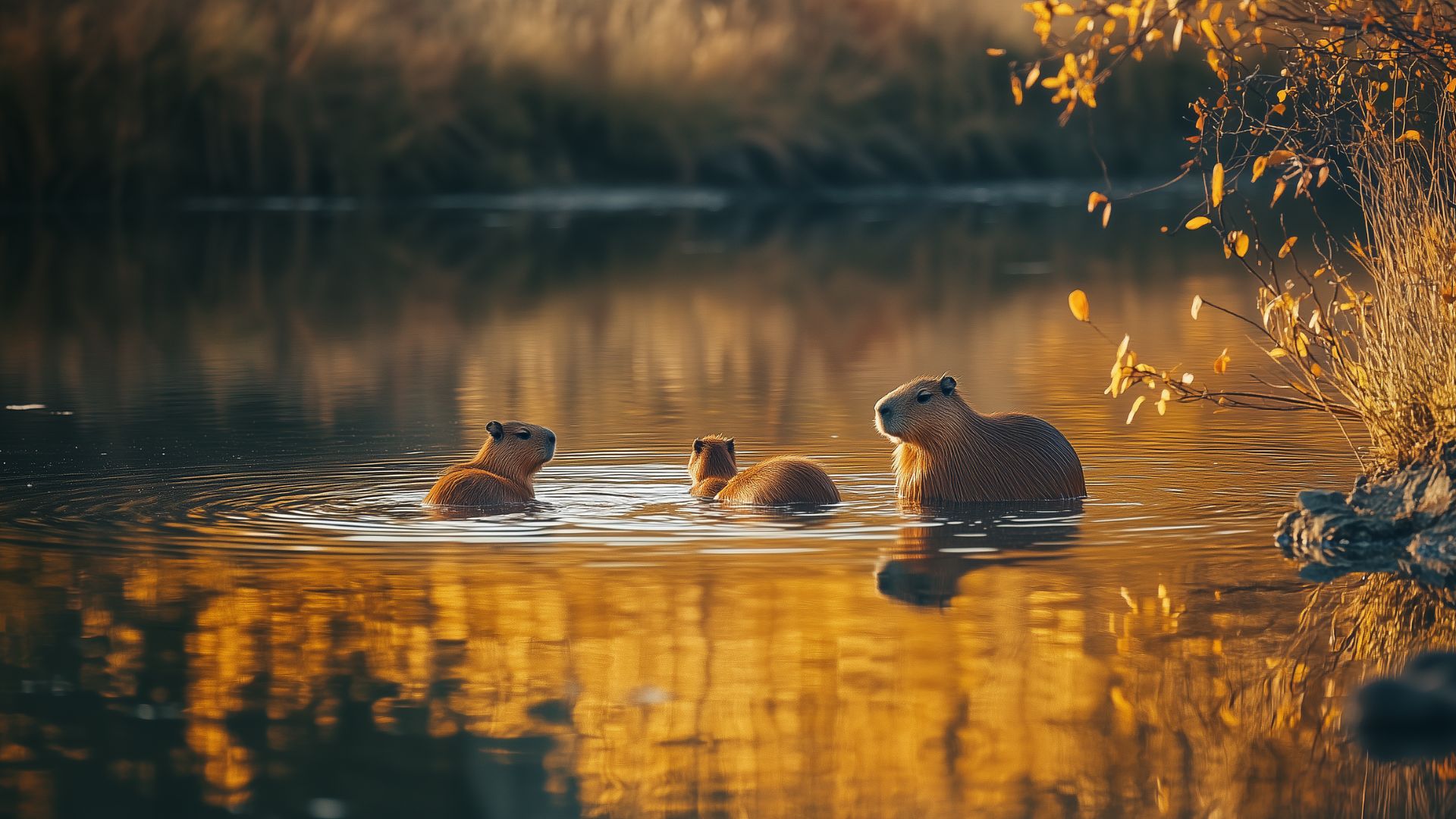 Các chú chuột lang nước lặng lẽ bơi bên nhau trong một buổi chiều hoàng hôn tĩnh lặng