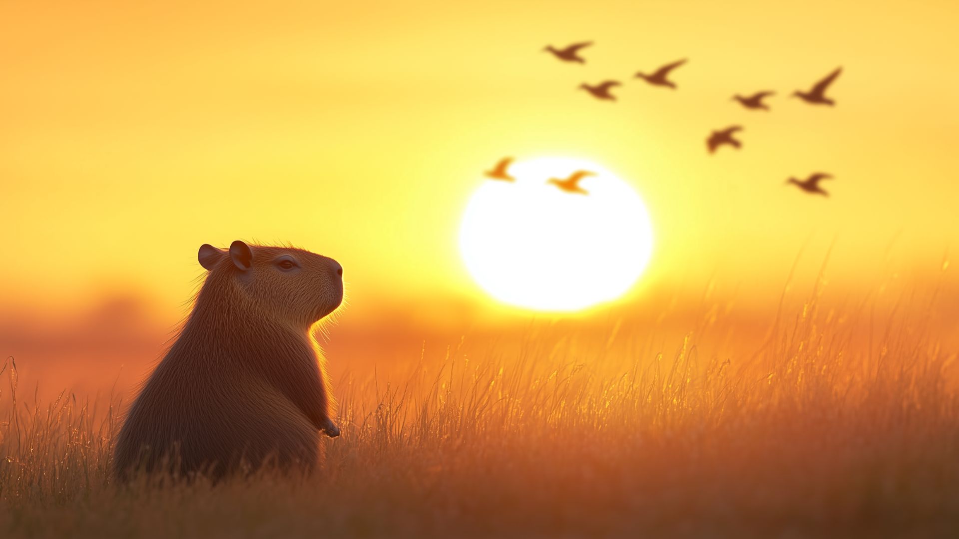 Chú capybara cô độc ngồi ngắm hoàng hôn, gợi lên vẻ đẹp thanh bình, lãng mạn của thiên nhiên