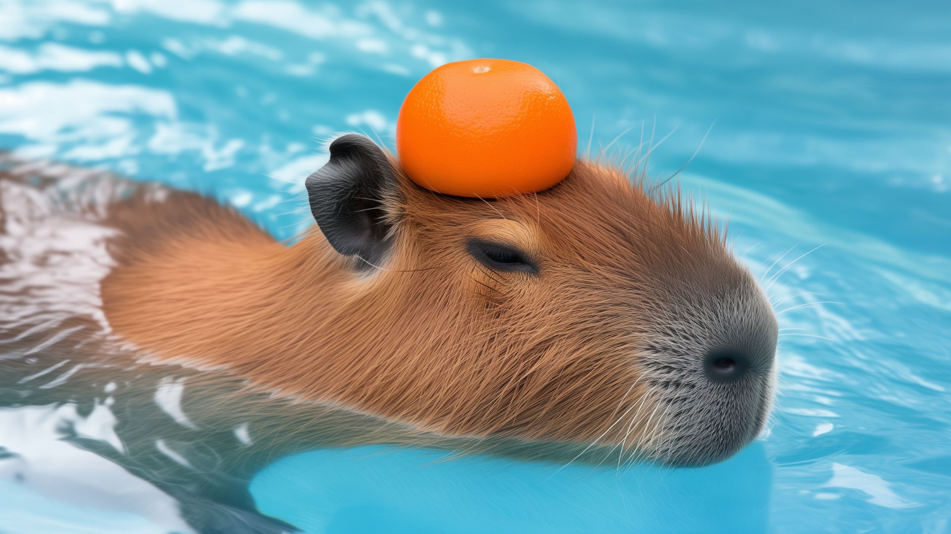 Một chú chuột lang nước điềm tĩnh bơi trong bể bơi, đội một quả cam trên đầu trông thật ngộ nghĩnh