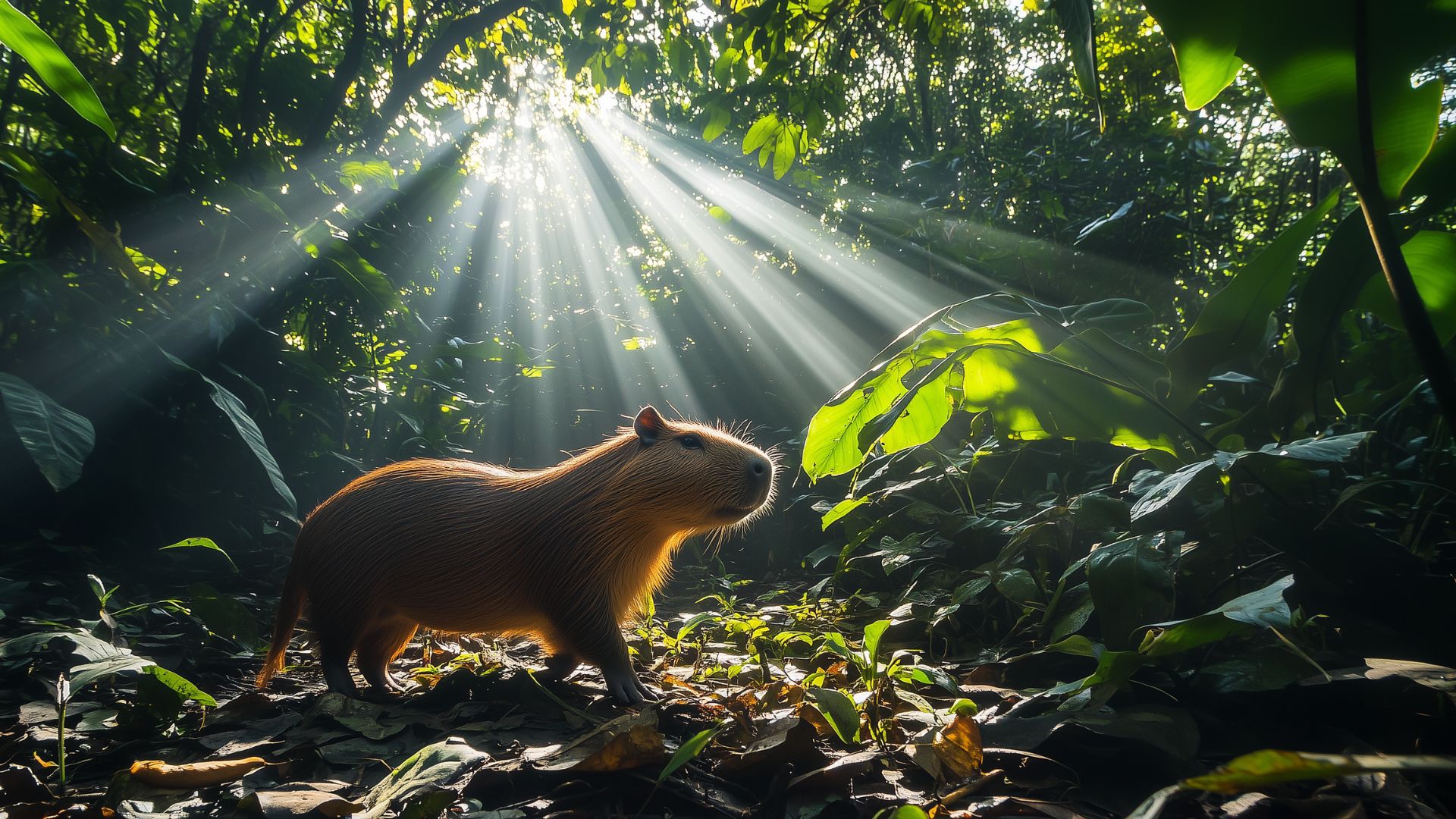 Chú chuột lang nước sừng sững đứng giữa rừng, ánh mặt trời chiếu rọi làm nổi bật vẻ oai vệ