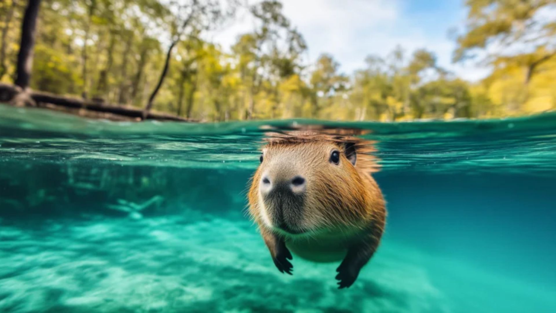 Bức ảnh dưới nước của chú Capybara đôi mắt mở to nhìn thẳng vào ống kính