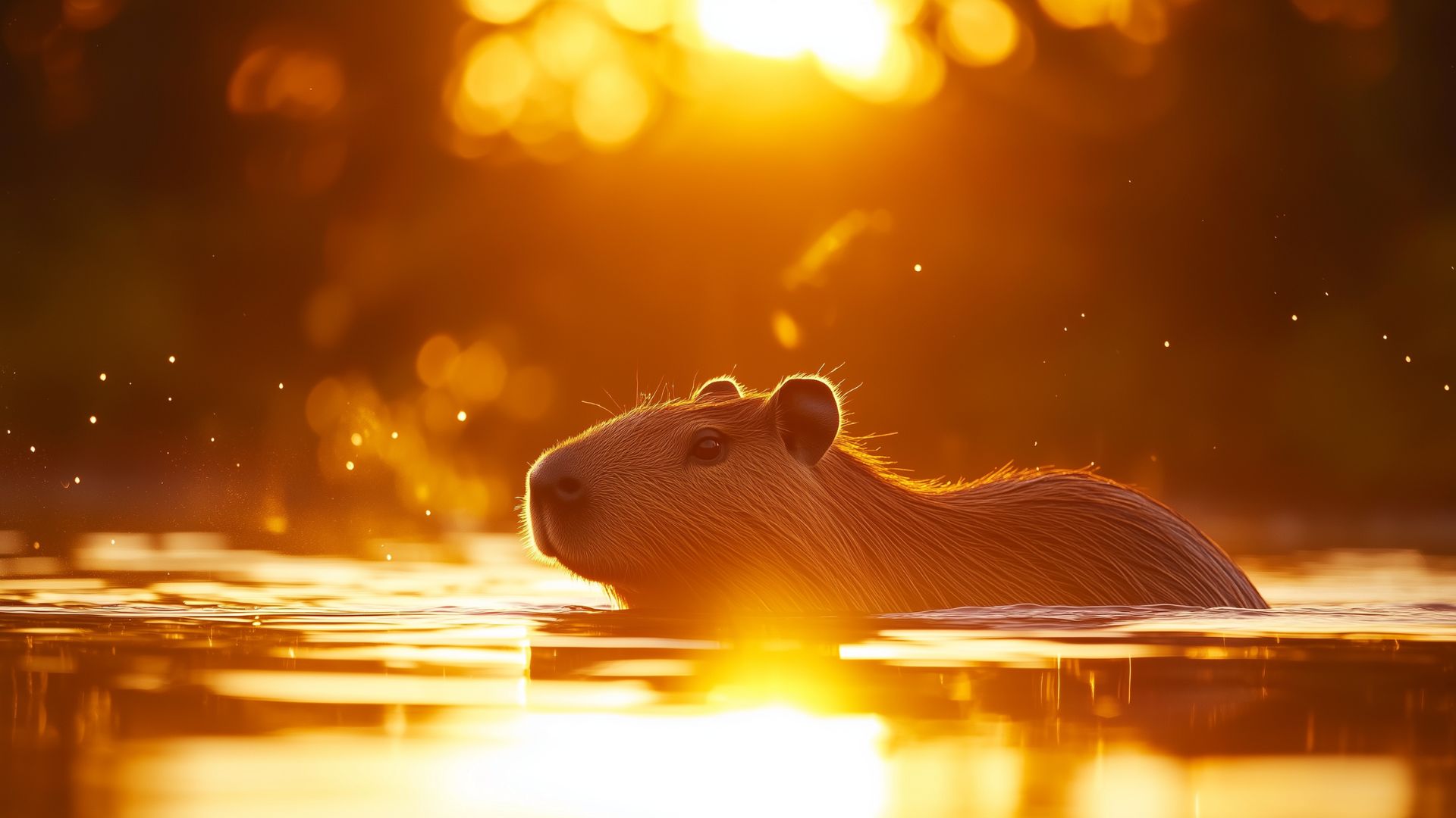 Chú chuột lang nước đang ngâm mình trong dòng sông lúc hoàng hôn, ánh nắng ấm áp bao trùm