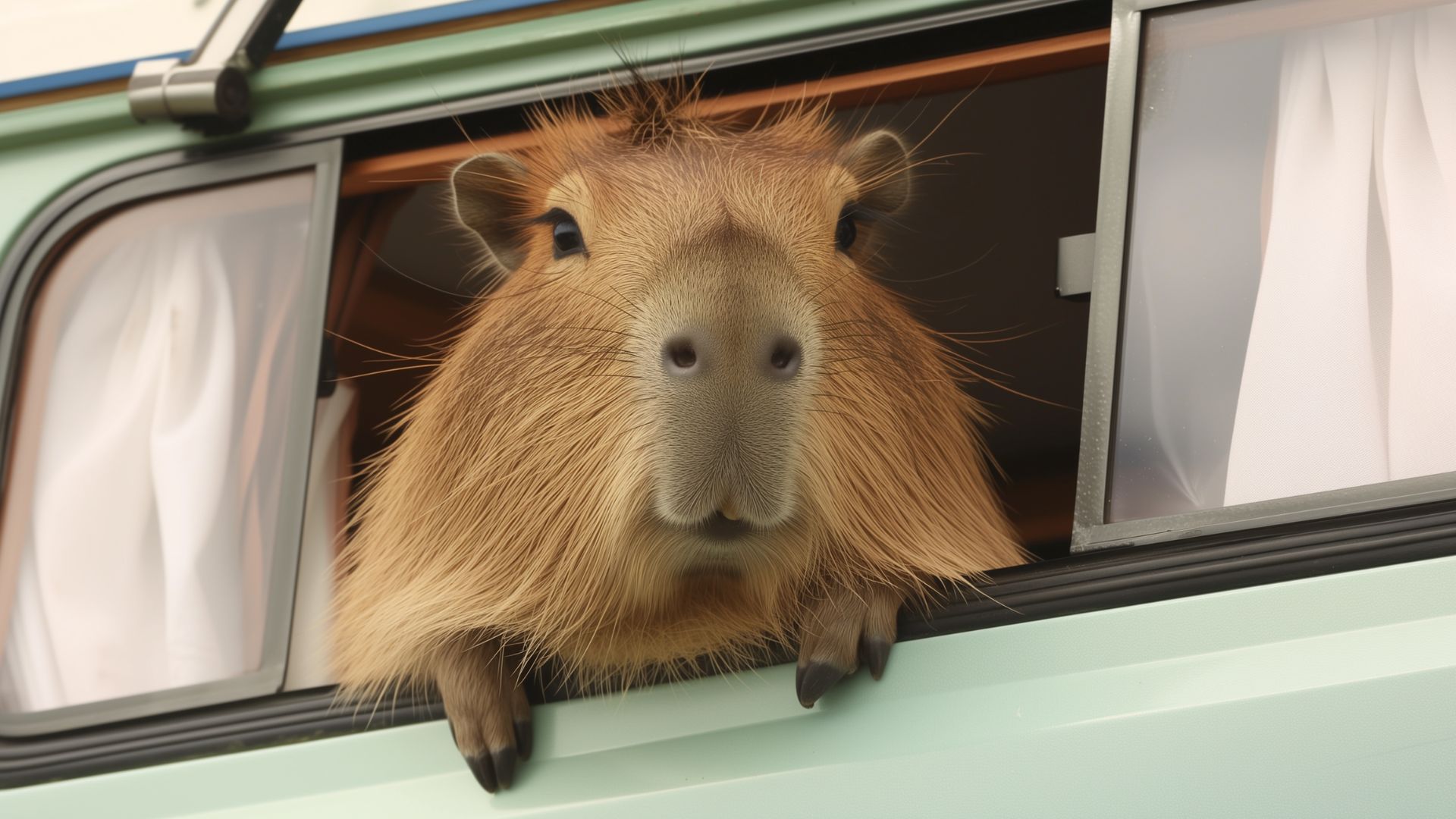 Chú chuột lang nước hiền lành thò đầu ra ngoài cửa sổ xe, dường như đang tận hưởng chuyến đi