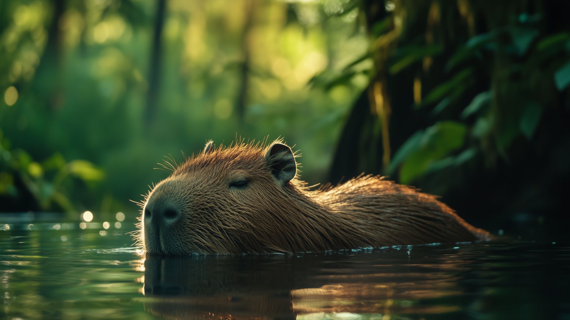 Chú Capybara đáng yêu thư giãn trong làn nước, xung quanh là những chiếc lá bồng bềnh