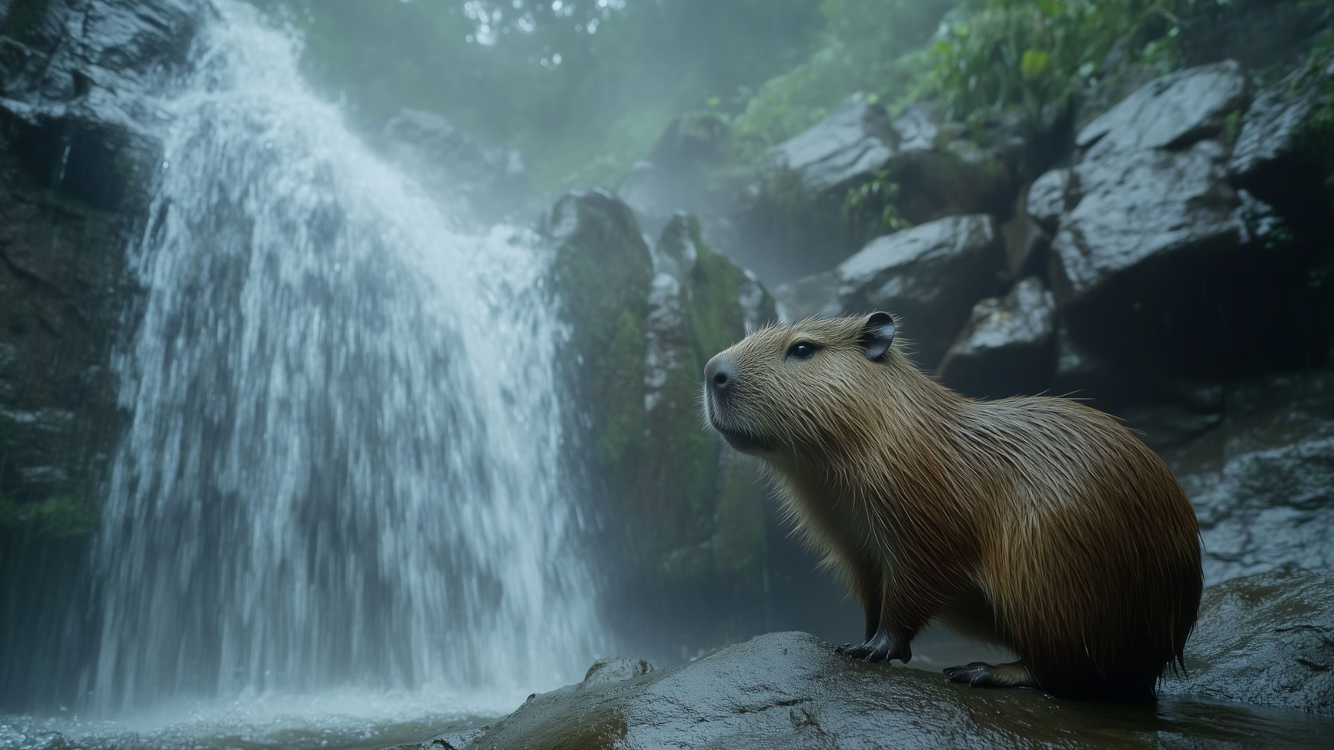 Chú capybara oai vệ đứng dưới chân thác nước, một khung cảnh thiên nhiên hùng vĩ