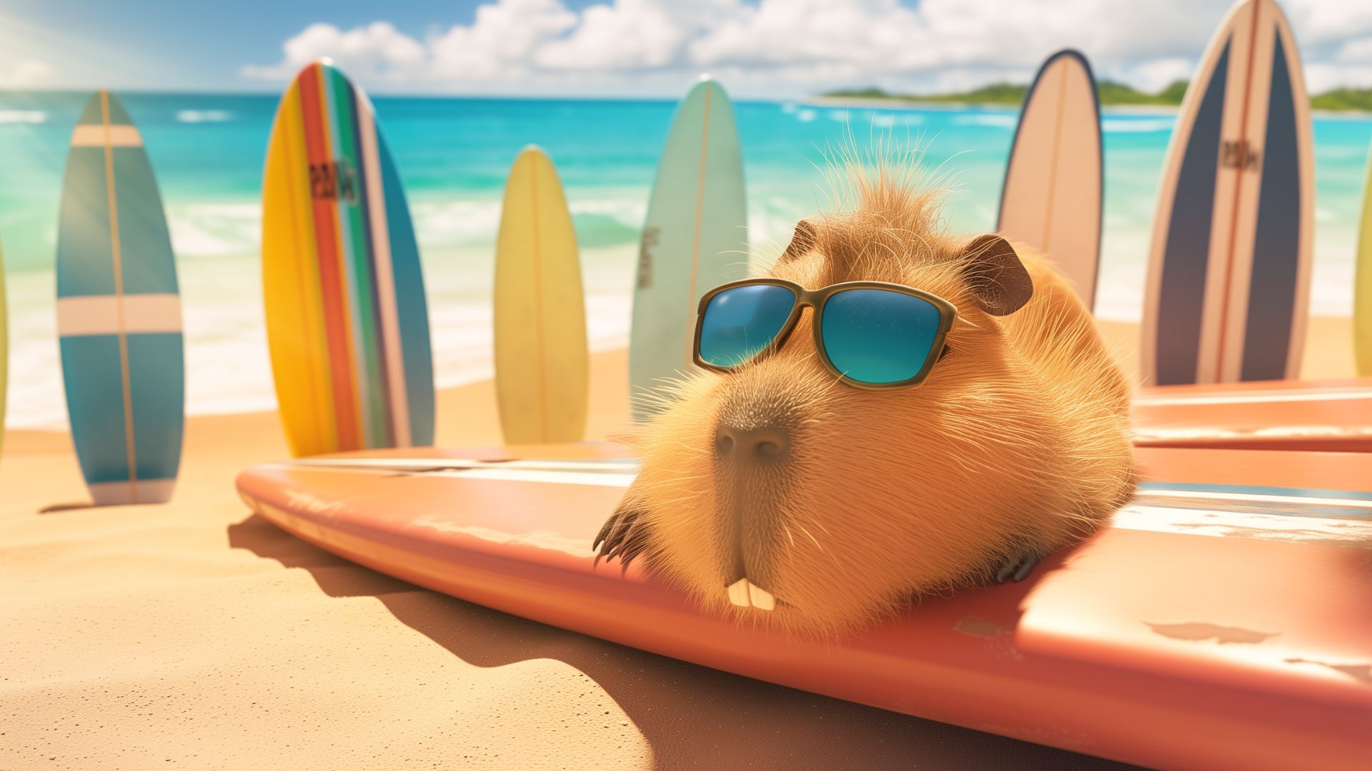 Chú chuột lang nước sành điệu đeo kính râm, thư giãn trên bãi biển